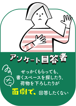 アンケート回答者：せっかくもらって書くスペースを探したり荷物をおろしたりが面倒で回答したくない