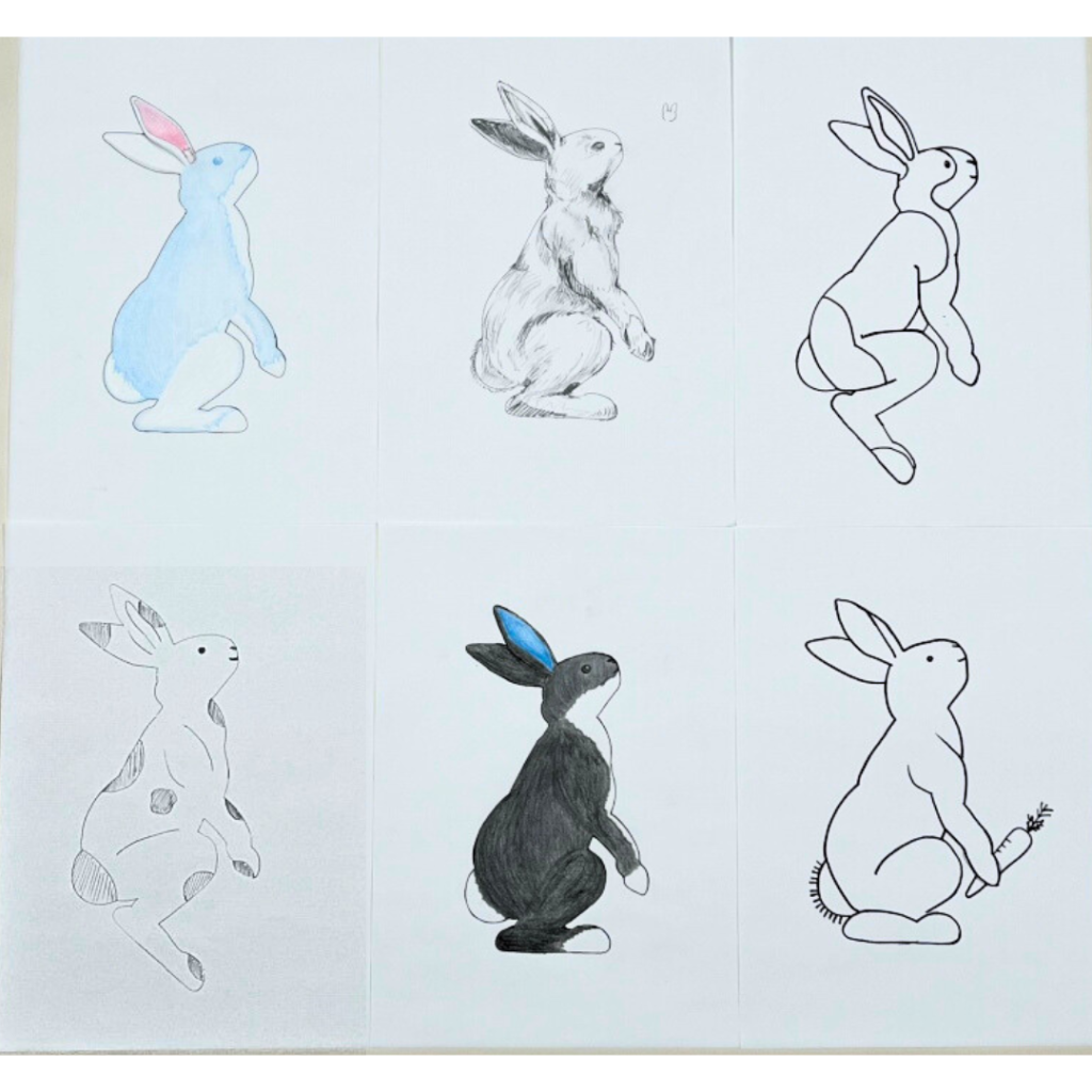いきものだものイラストレーション様のうごくウサギ型定規を使って描いたイラスト