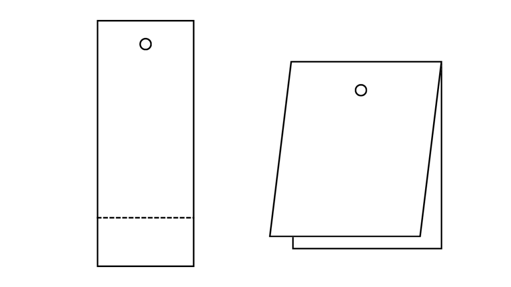 かたぬき印刷アトリエの型抜き商品タグで人気の形、ミシン入れした四角形の例と二つ折りした四角形の例